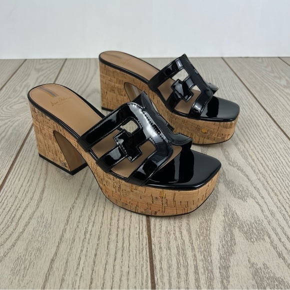 Sam Edelman Women's Dev Chunky Cork Platform Sandals 7.5 Black Patent $150 - Picture 1 of 10
